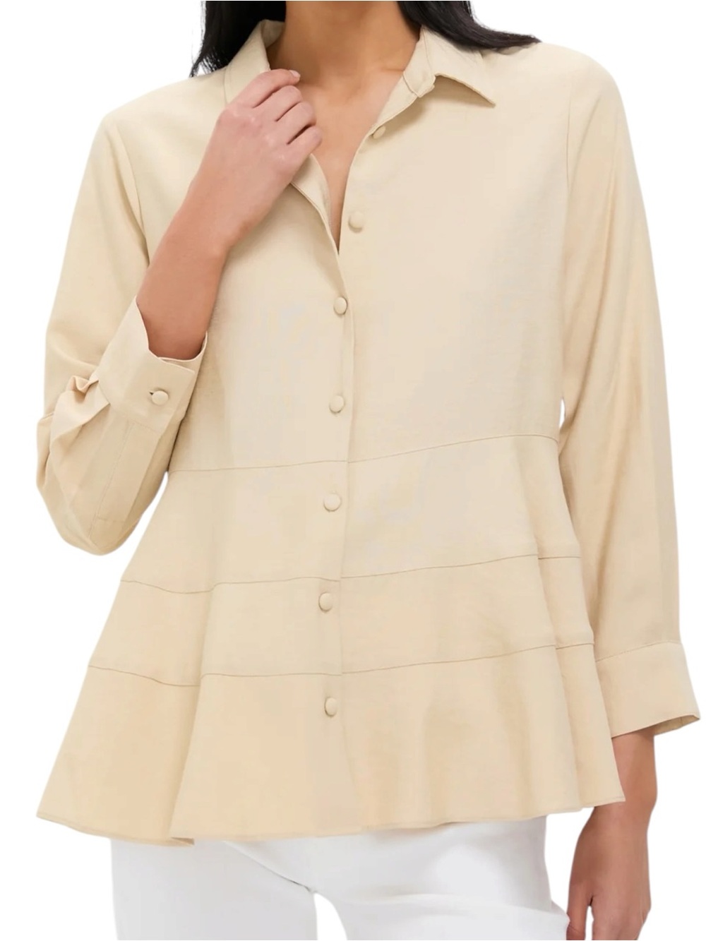 Tuckernuck Pomander Place Ashlen Tiered Button Up Blouse Tan EUC Size Medium